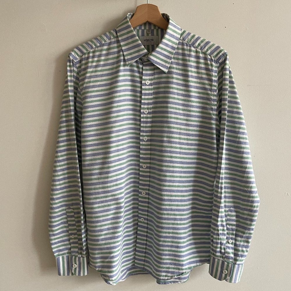 Blue, green, and white button up shirt from Hyden Yoo